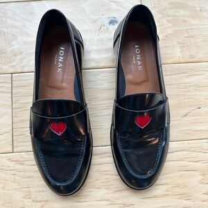 JONAK Paris Black Loafers with Red Heart Accent, sz 37